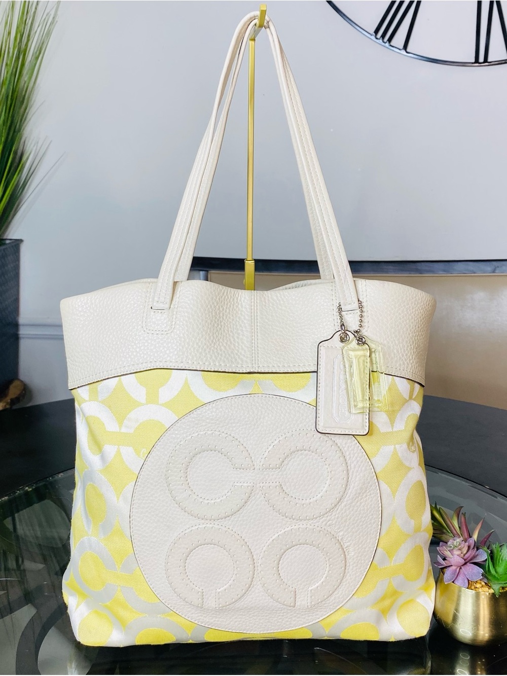Coach Laura Op Art Signature Yellow White Canvas Leather Tote Bag Shoulder Purse